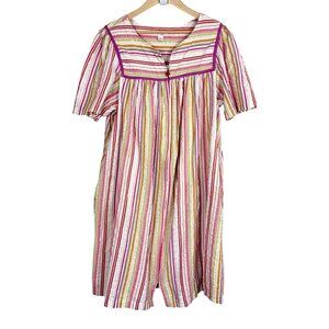 Vtg Go Softly Patio House Dress Large Multicolor Striped Cotton Blend Full Zip